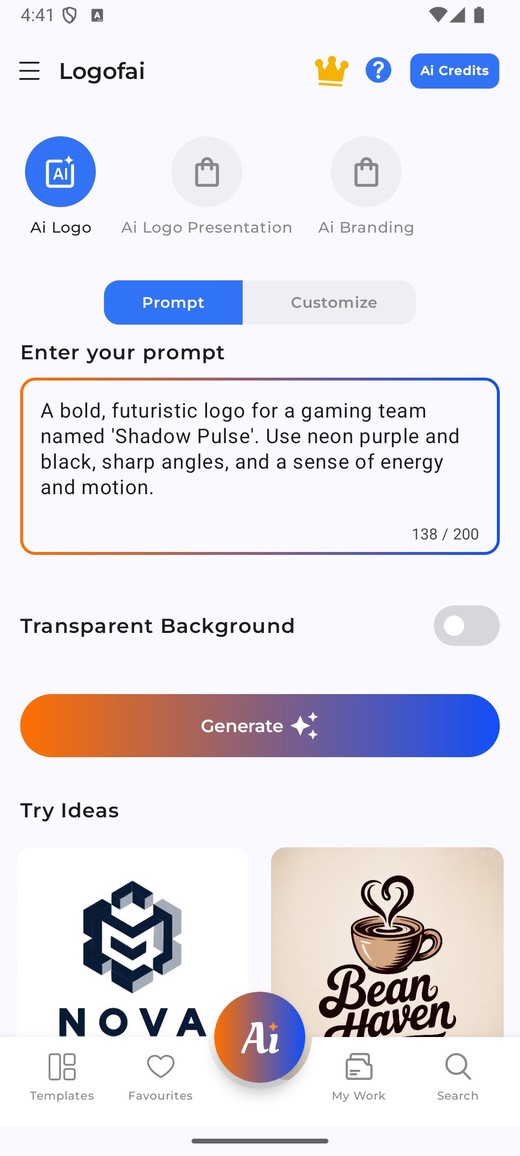Logofai app prompt screen: describe your brand to generate an AI logo