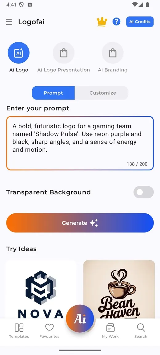 Logofai app prompt screen: describe your brand to generate an AI logo