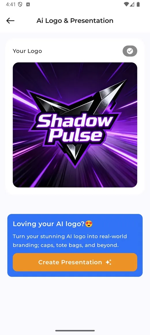 Logofai app showing a generated AI logo, ready to turn into a presentation