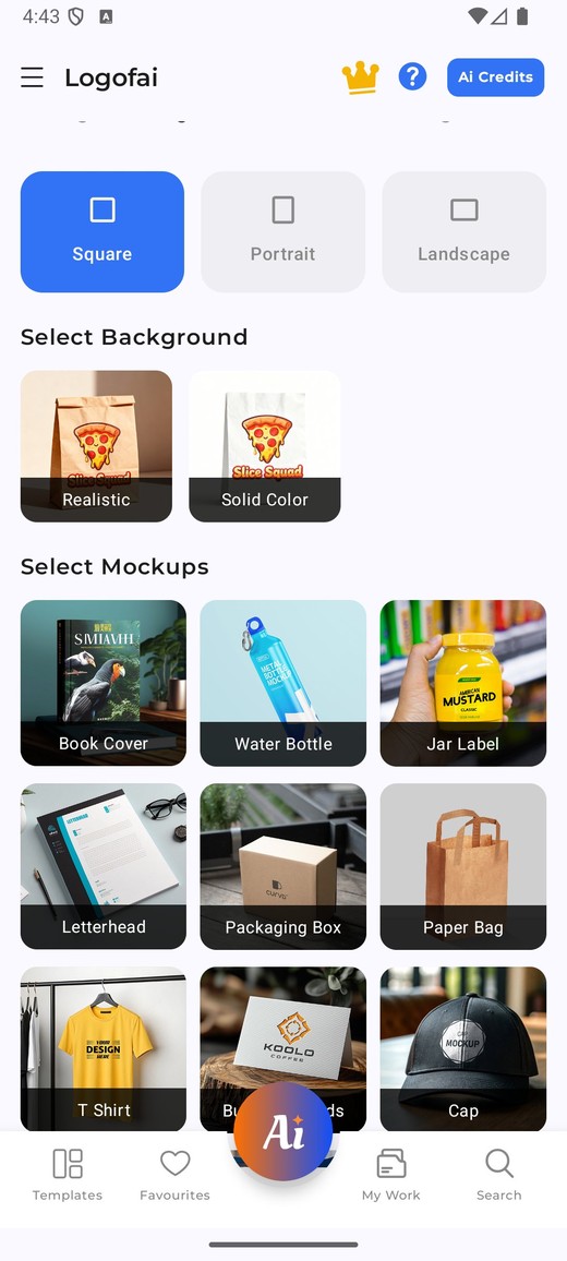Logofai app mockup selection: pick backgrounds and product mockups