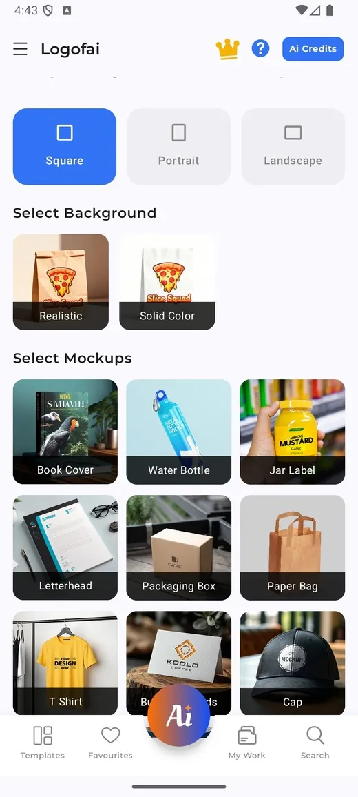 Logofai app mockup selection: pick backgrounds and product mockups