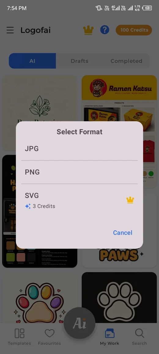 Logofai app export options: download your logo as SVG, PNG or JPG source files