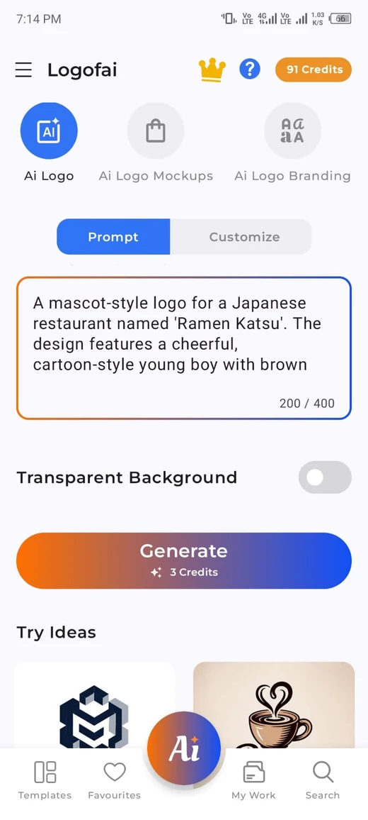 The Logofai prompt box with a restaurant logo description typed in