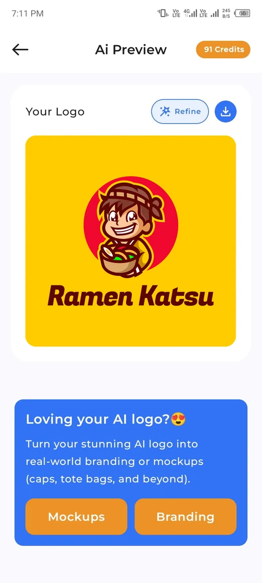 A generated Ramen Katsu mascot logo with Refine and download buttons