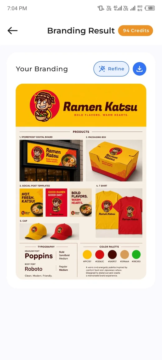 A branding board built from the Ramen Katsu logo, with packaging, social posts, typography and colours