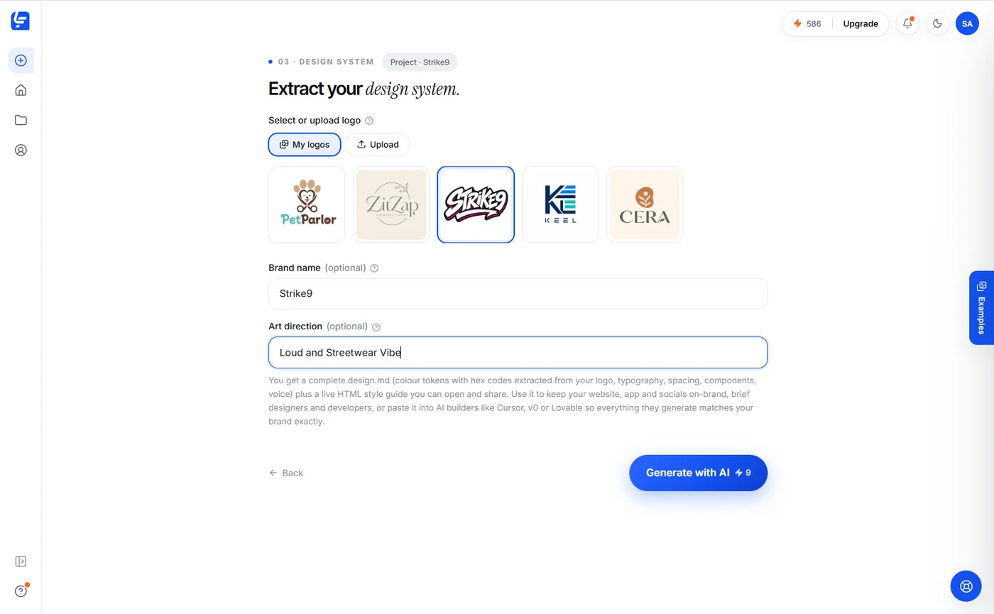 Logofai design system creation screen with logo selection and art direction