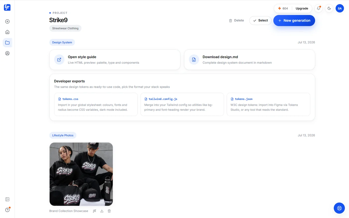 Logofai project screen with style guide, design.md download and developer exports