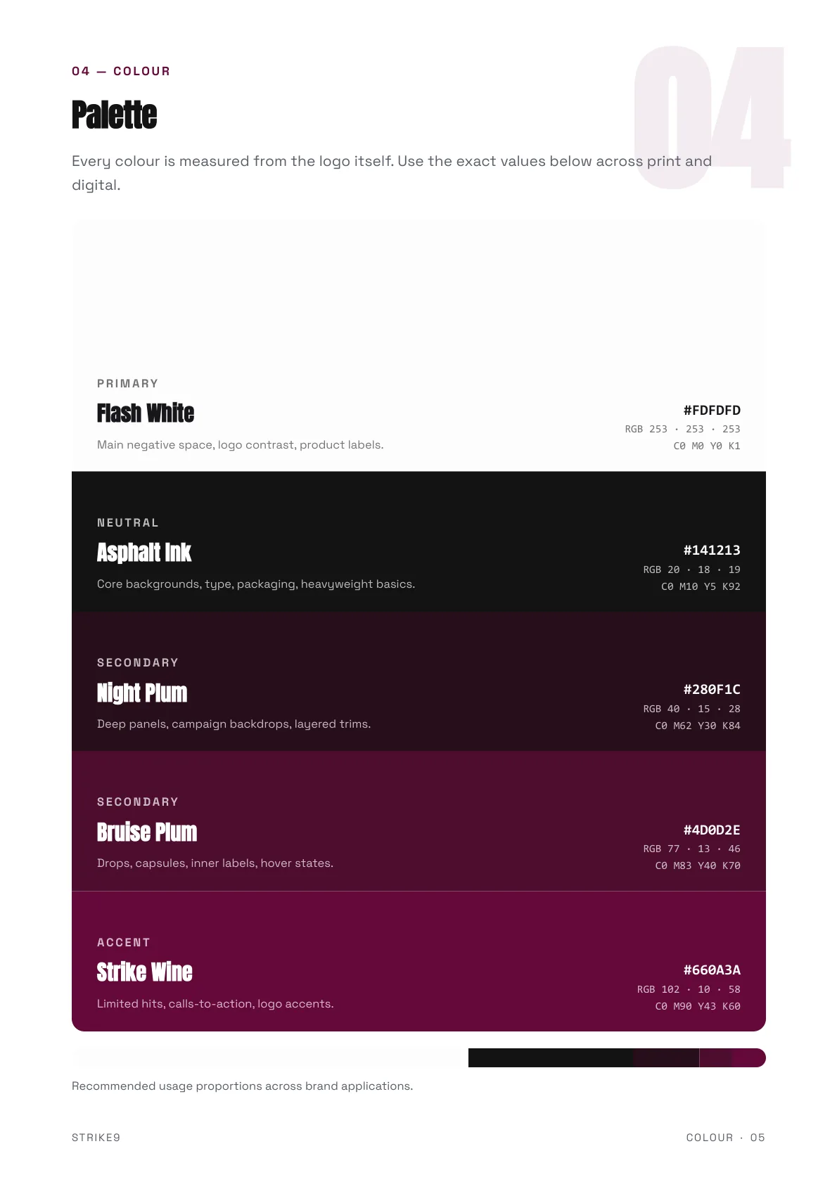 Strike9 brand guidelines colour page with HEX, RGB and CMYK values