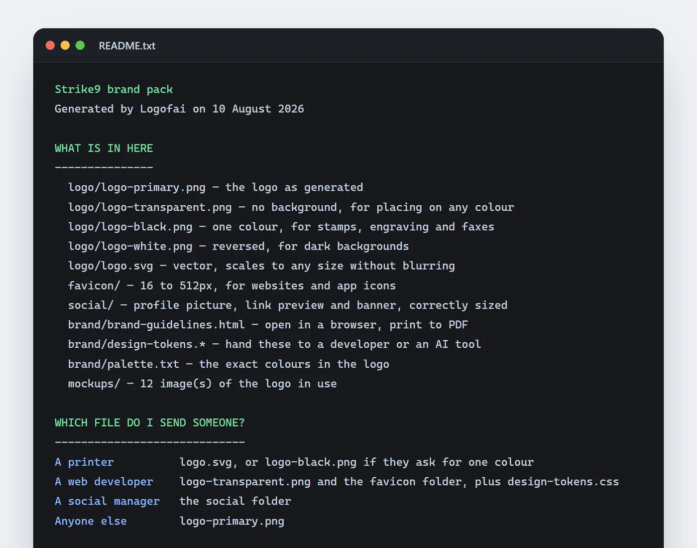 The README.txt from a Logofai Brand Pack listing every file and a table saying which file to send a printer, a web developer and a social manager