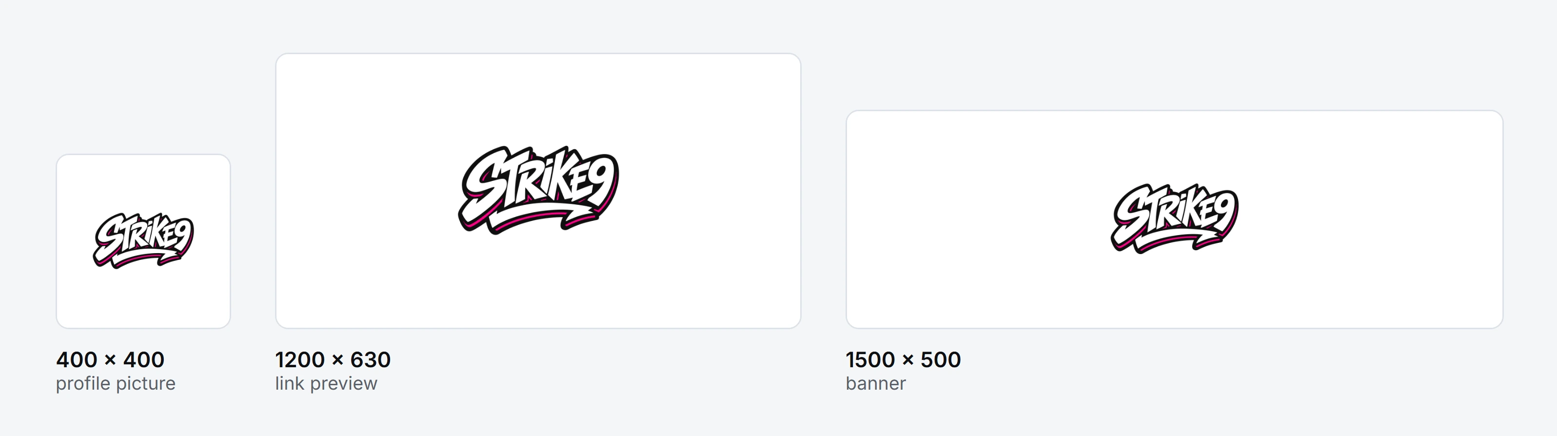 The social images from a Brand Pack: profile 400x400, link preview 1200x630 and banner 1500x500, shown at true relative proportions