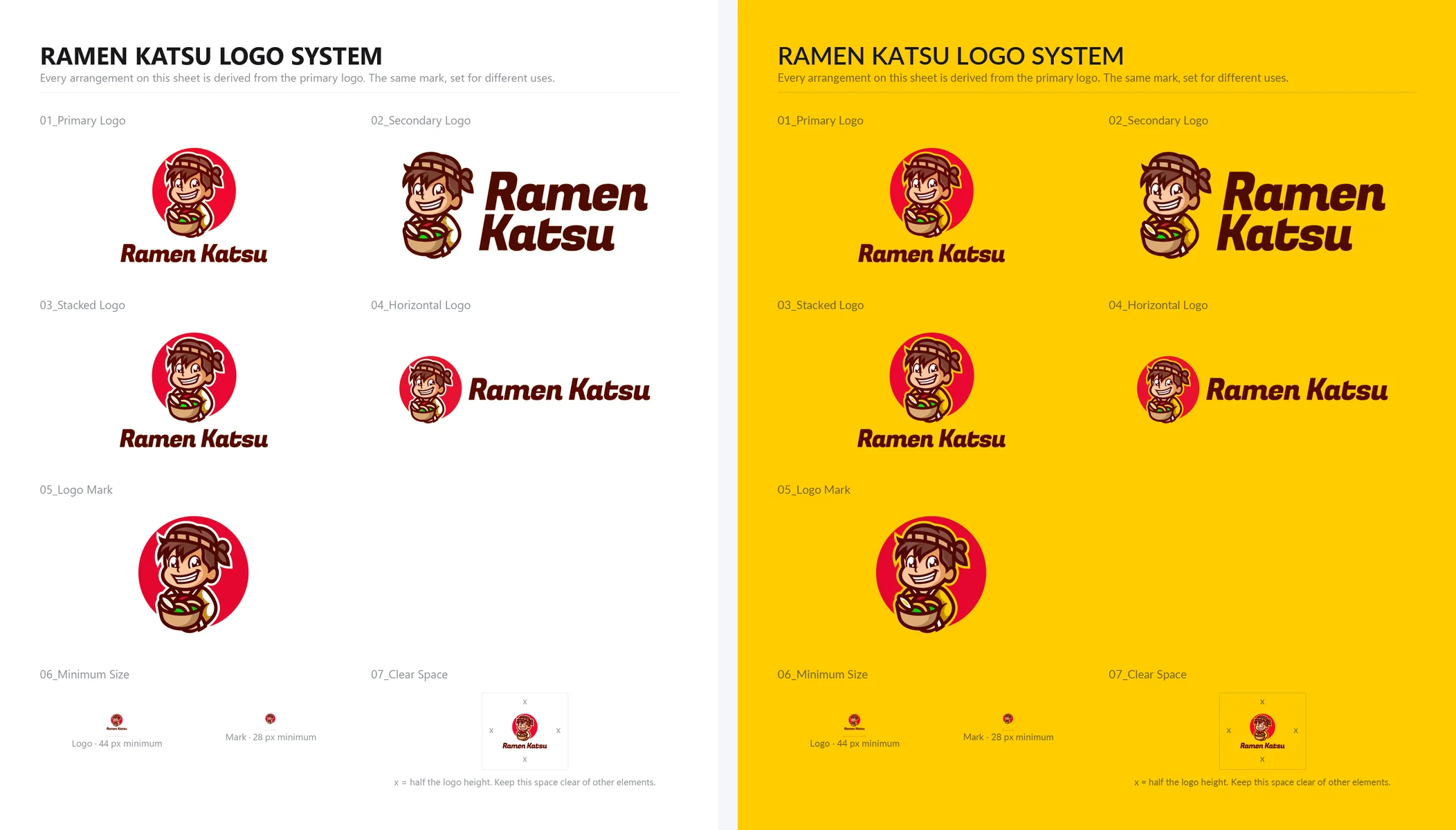 The same Ramen Katsu logo system sheet in two versions, one on white and one composed on the brand's yellow