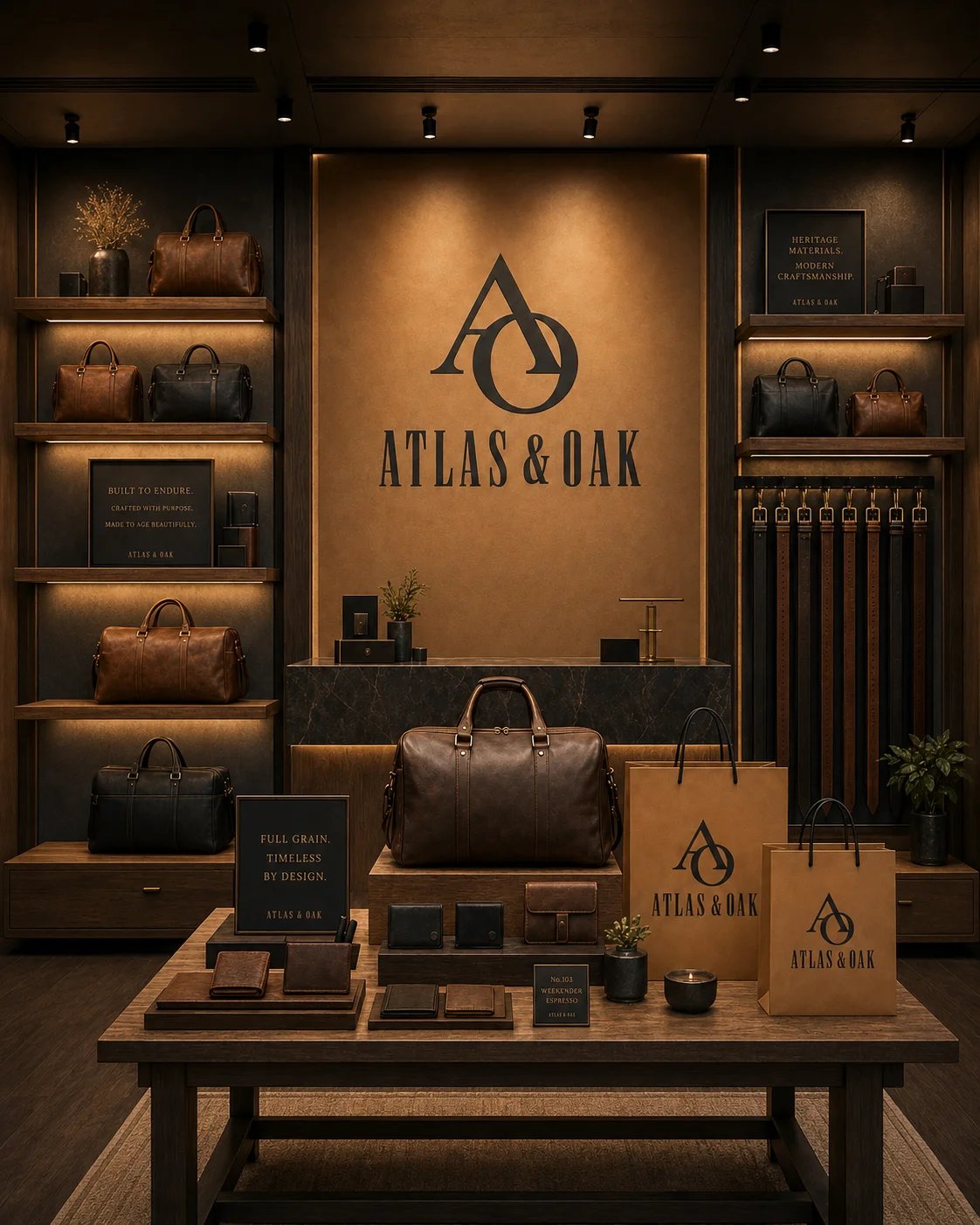 Atlas & Oak Shop display mockup generated by Logofai