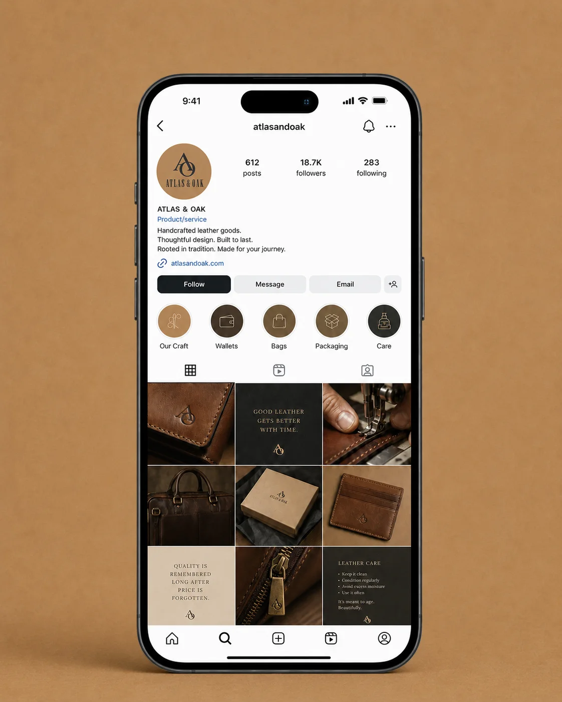 Atlas & Oak Instagram profile mockup generated by Logofai