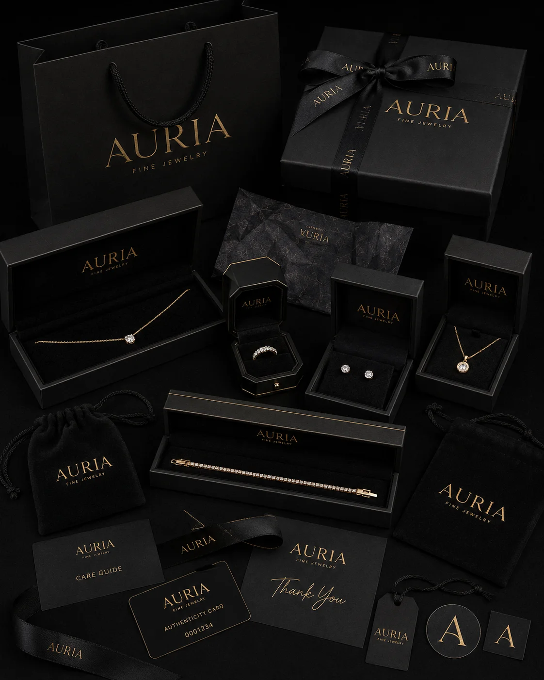 Auria Packaging suite mockup generated by Logofai