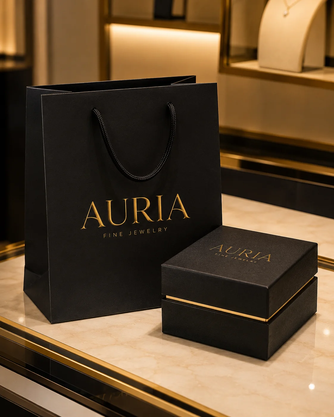 Auria Bag and box mockup generated by Logofai