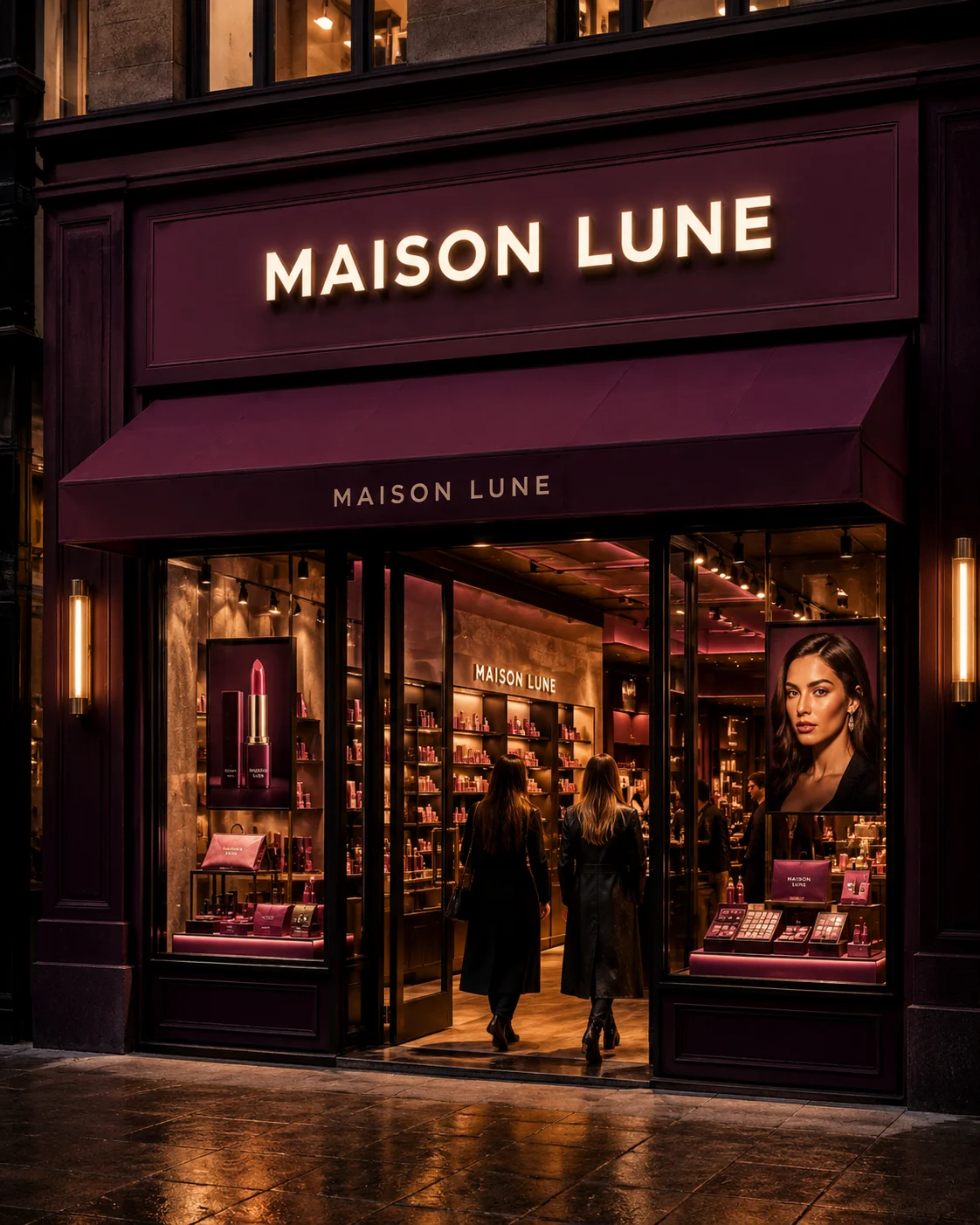 Maison Lune Boutique at night mockup generated by Logofai