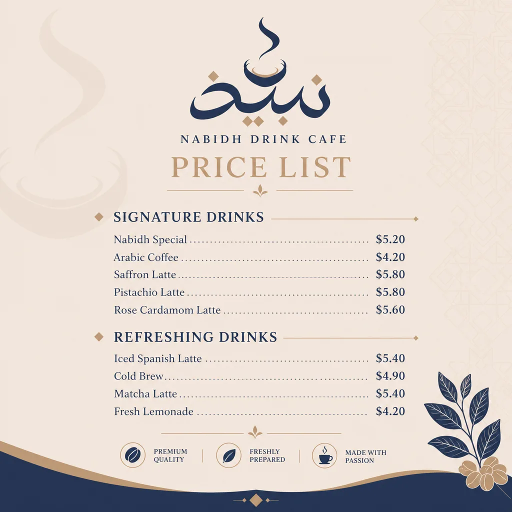 Nabidh price list mockup generated with Logofai