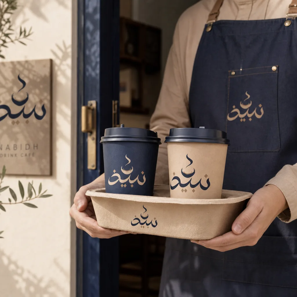Nabidh takeaway tray mockup generated with Logofai
