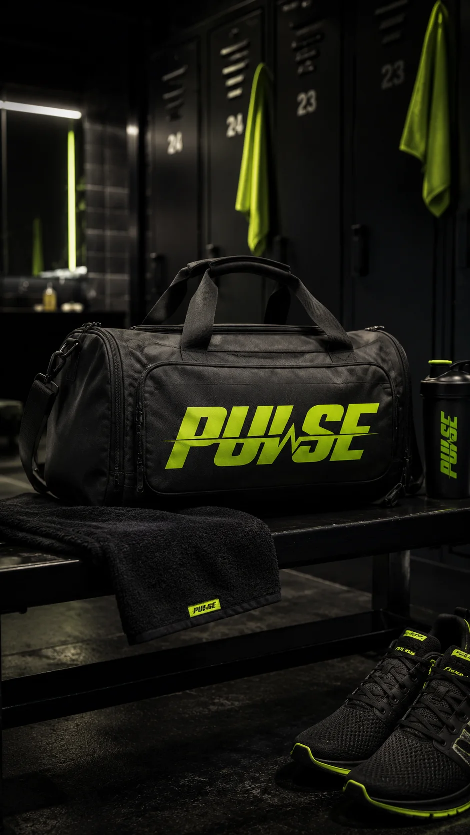 Pulse Locker-room duffel mockup generated by Logofai