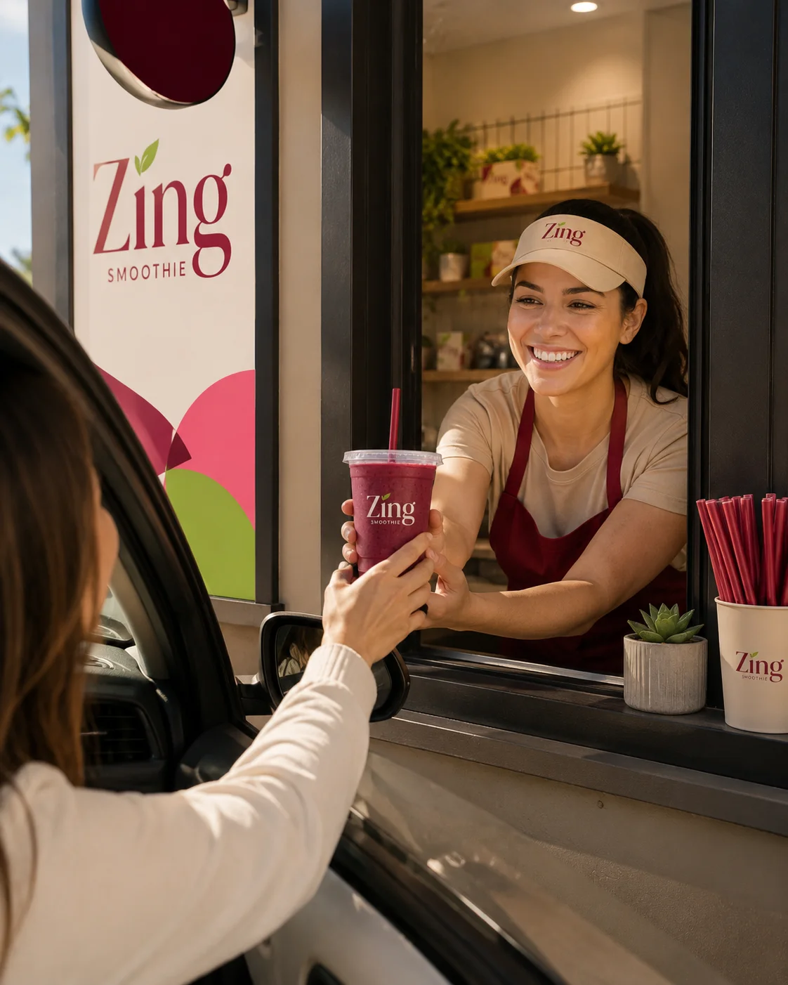 Zing drive-thru handoff lifestyle photo generated with Logofai
