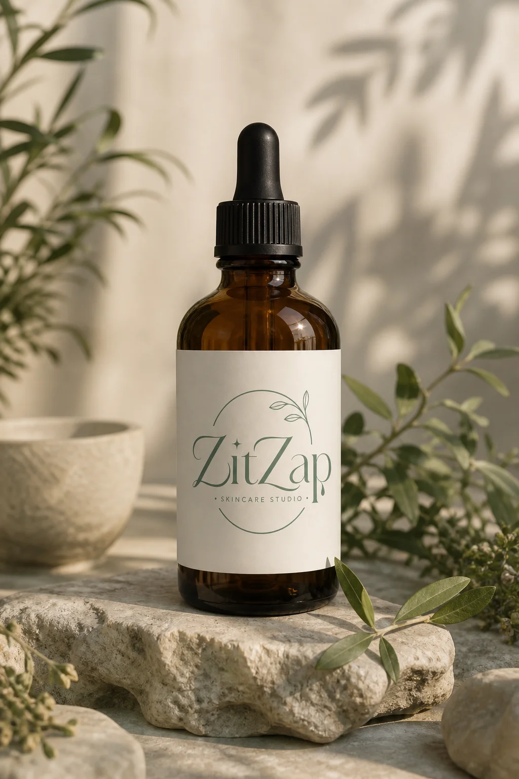ZitZap amber dropper bottle mockup generated with Logofai