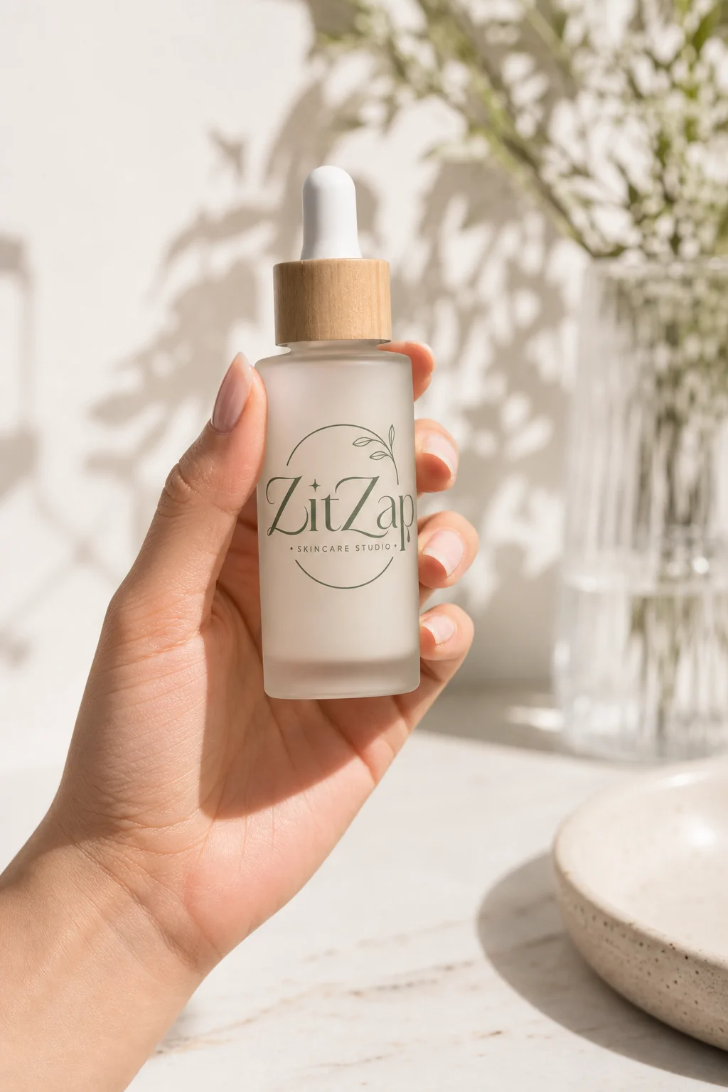 ZitZap serum in hand mockup generated with Logofai
